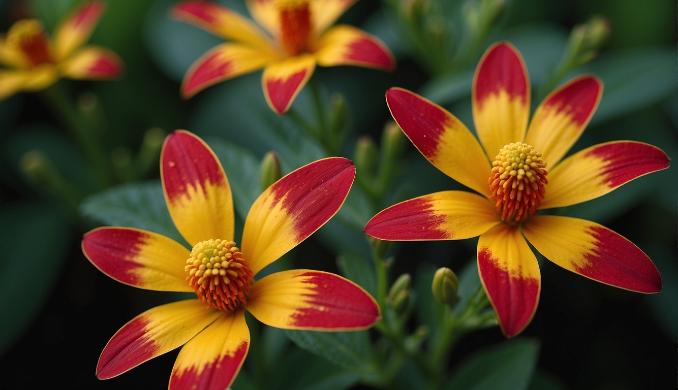 The Brazilian Fireworks Plant blooms with vibrant red and yellow flowers, surrounded by lush green foliage.

The plant thrives in well-drained soil and requires plenty of sunlight to flourish