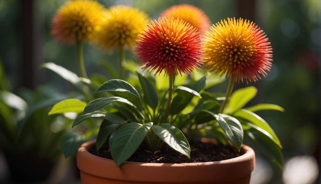 A Brazilian Fireworks Plant sits in a terracotta pot, surrounded by lush green foliage.

Sunlight filters through the leaves, casting dappled shadows on the plant's vibrant red and yellow flowers