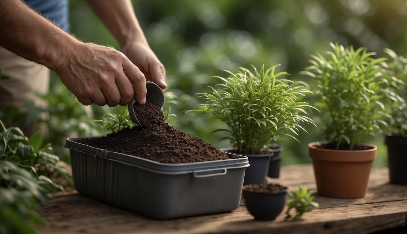 Lush green foliage surrounds a pair of hands delicately repotting a Brazilian Fireworks Plant into a new container, with a bag of nutrient-rich soil and a watering can nearby