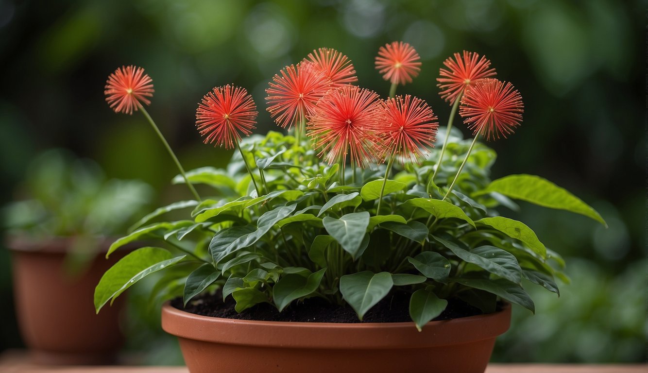 A vibrant Brazilian Fireworks Plant sits in a terracotta pot, surrounded by lush green foliage.

Its long, thin stems are adorned with clusters of small, bright red flowers, resembling bursts of fireworks against the backdrop of deep green leaves