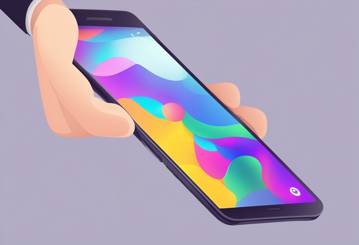 A hand holding a smartphone with a capacitive touch screen. The screen displays a colorful and responsive interface, with smooth and accurate touch interactions