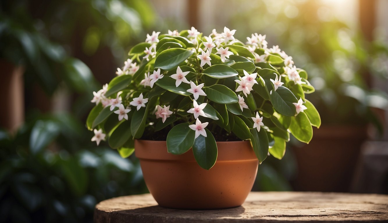 A lush Hoya Carnosa plant cascades over a rustic terracotta pot, its glossy leaves glistening in the sunlight.

Delicate pink and white star-shaped flowers bloom amidst the green foliage, creating a stunning display of natural beauty