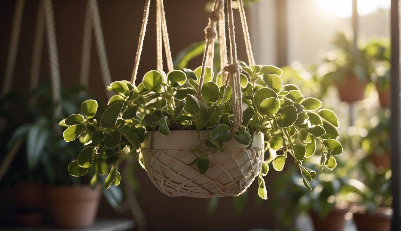 A lush Hoya Carnosa plant hangs from a macrame hanger, surrounded by bright, indirect sunlight.

A small watering can sits nearby, ready for use