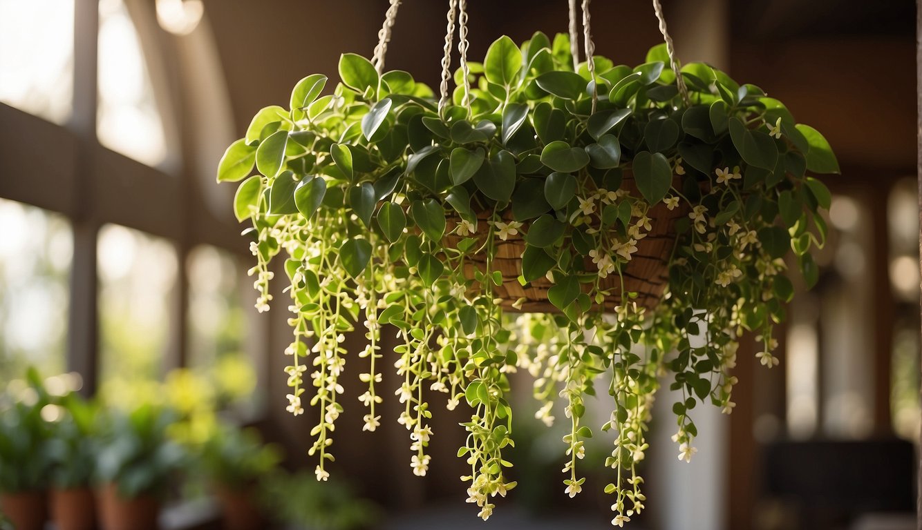 A lush Hoya Carnosa plant with heart-shaped leaves cascades down a wooden trellis, basking in the warm sunlight of a cozy living room