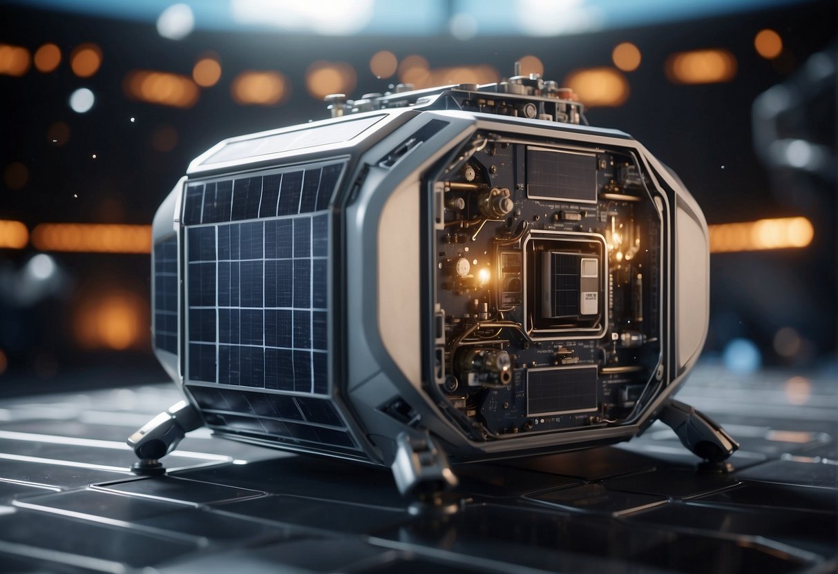 Space habitat with solar panels covered in fine space dust. Robots work to clean and maintain the structures, while astronauts monitor from inside