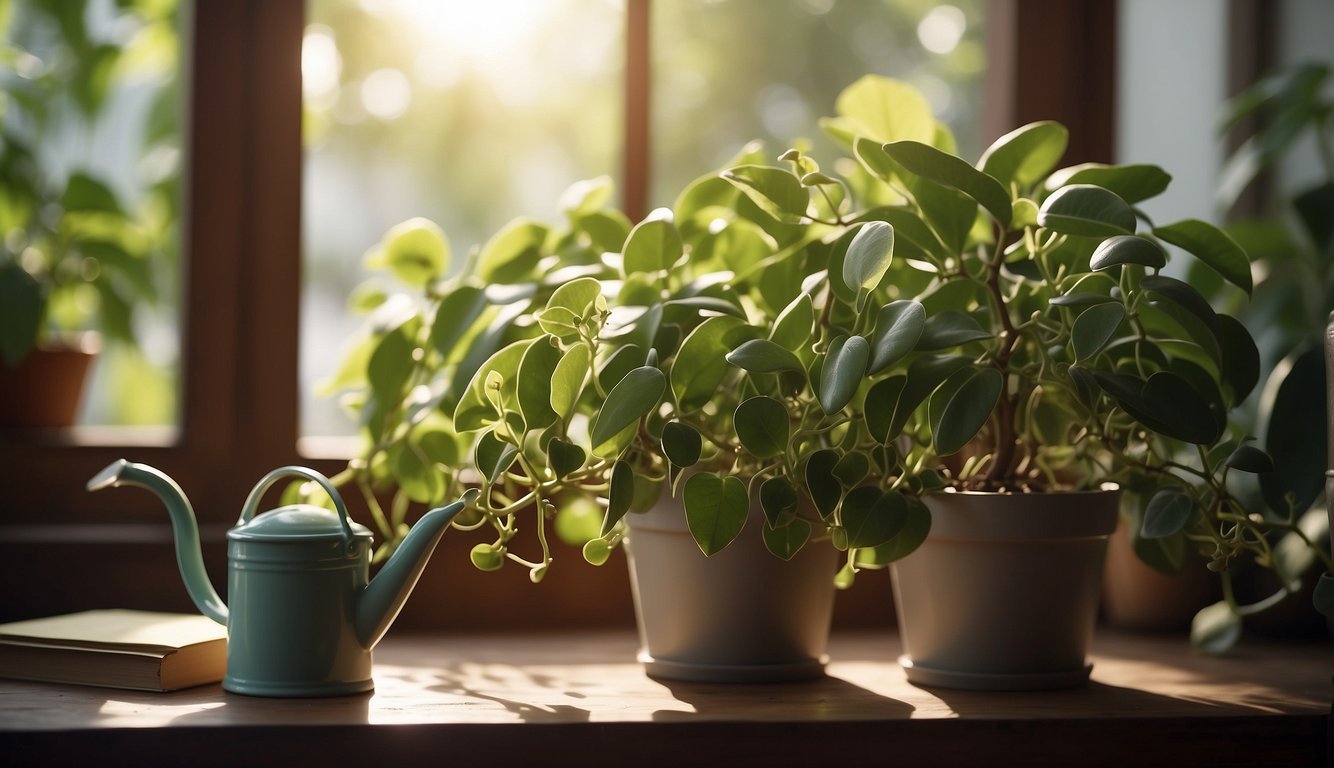 A lush Hoya Carnosa plant sits in a sunlit room, surrounded by hanging vines and glossy leaves.

A watering can and a small bottle of plant food are nearby, along with a book titled "The Wax Plant Wonder."