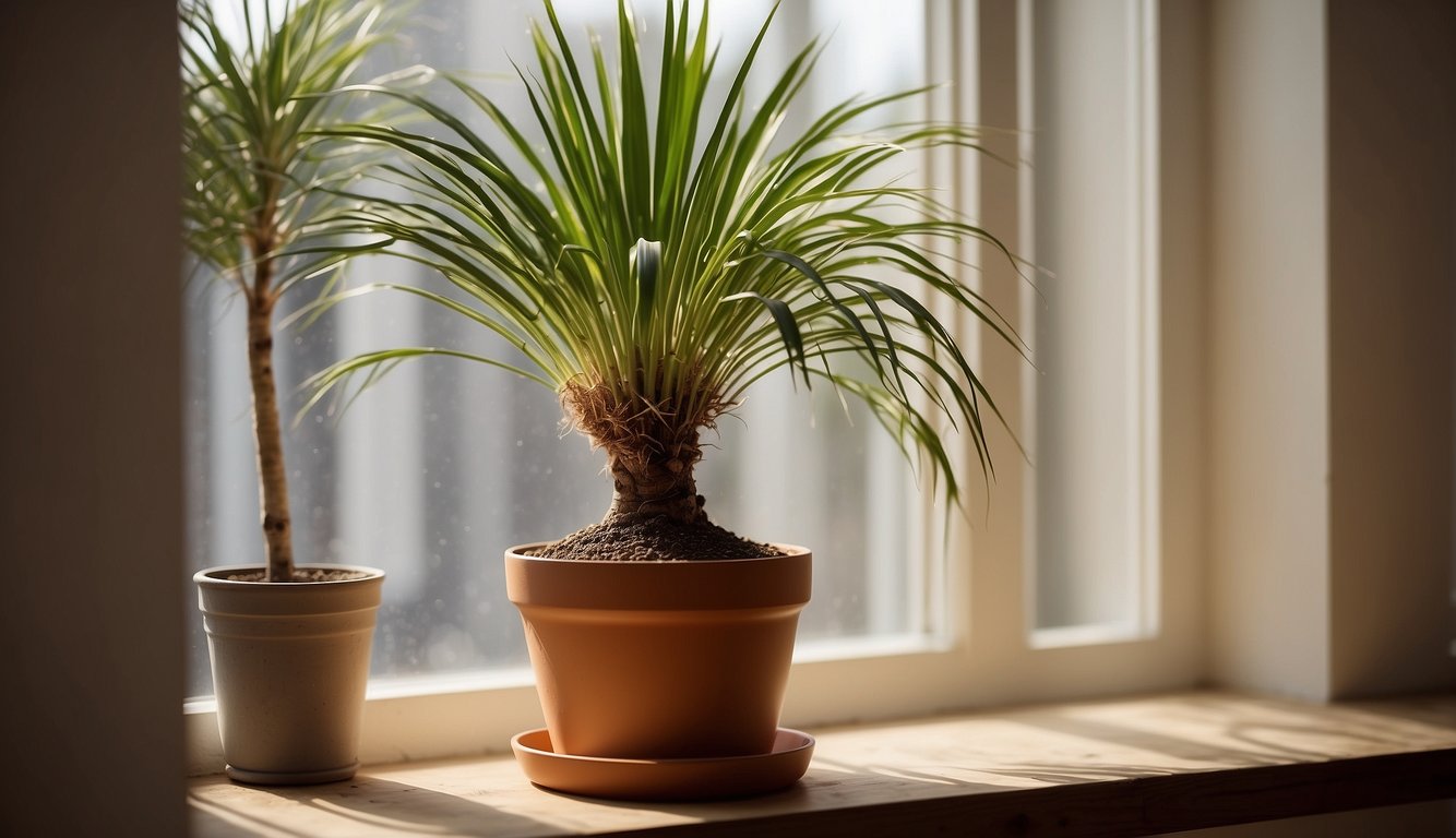 A bright, sunlit room with a Ponytail Palm positioned near a south-facing window.

The plant is potted in well-draining soil, with a layer of gravel at the bottom of the pot. A small watering can sits nearby