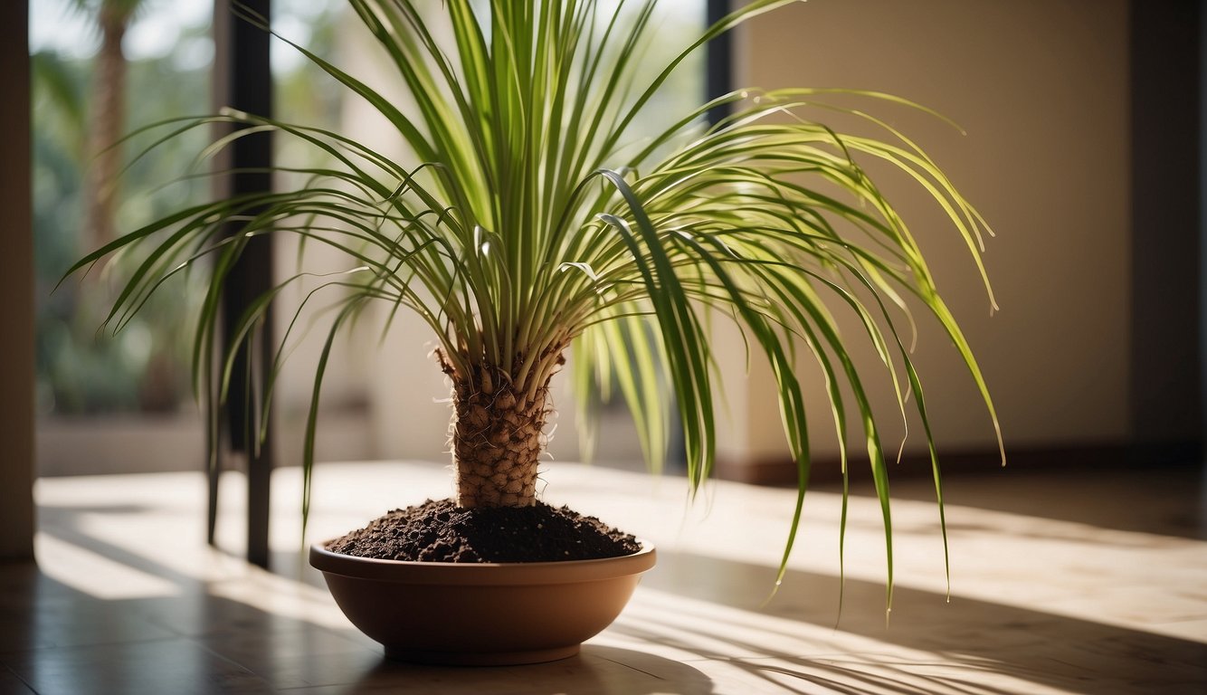 A Ponytail Palm sits in a sunny room, surrounded by well-draining soil and receiving occasional watering.

Its long, slender leaves cascade gracefully from the top, creating a striking visual centerpiece