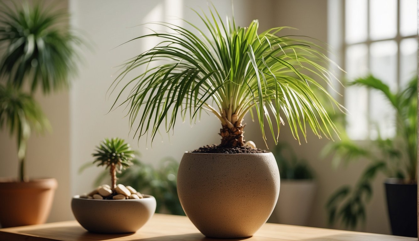 A Ponytail Palm sits in a bright, airy room with indirect sunlight.

A person waters it sparingly, ensuring well-draining soil. The plant is surrounded by decorative rocks and placed in a stylish pot