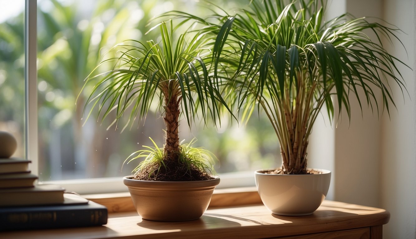 A ponytail palm sits in a bright, airy room.

A small dish of water sits nearby, and a gentle stream of sunlight pours in through a nearby window.

The plant looks healthy and vibrant, with long, flowing leaves cascading down from the
