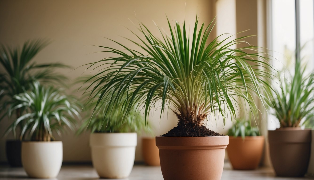 A Ponytail Palm sits in a sunny room, surrounded by pots of well-draining soil.

It is watered sparingly and has ample space to grow