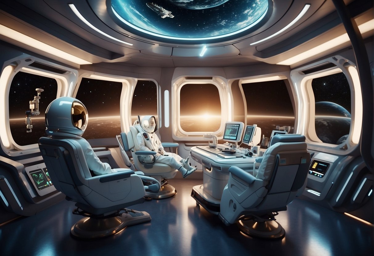 A futuristic space station with advanced medical equipment, a glowing radiation therapy machine, and a team of astronauts in spacesuits treating cancer among the stars