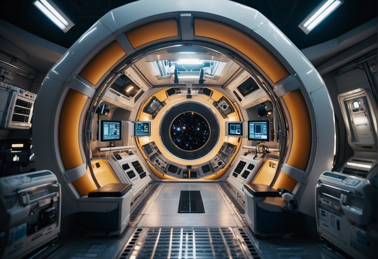 A space station with a large, advanced radiation therapy machine surrounded by futuristic medical equipment and technology. A team of astronauts and scientists work together to treat cancer among the stars