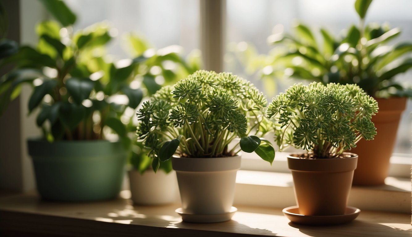 Lush green Pincushion Peperomia plant sits in a bright, airy room, surrounded by other vibrant houseplants.

Sunlight filters through the window, casting a warm glow on the leaves
