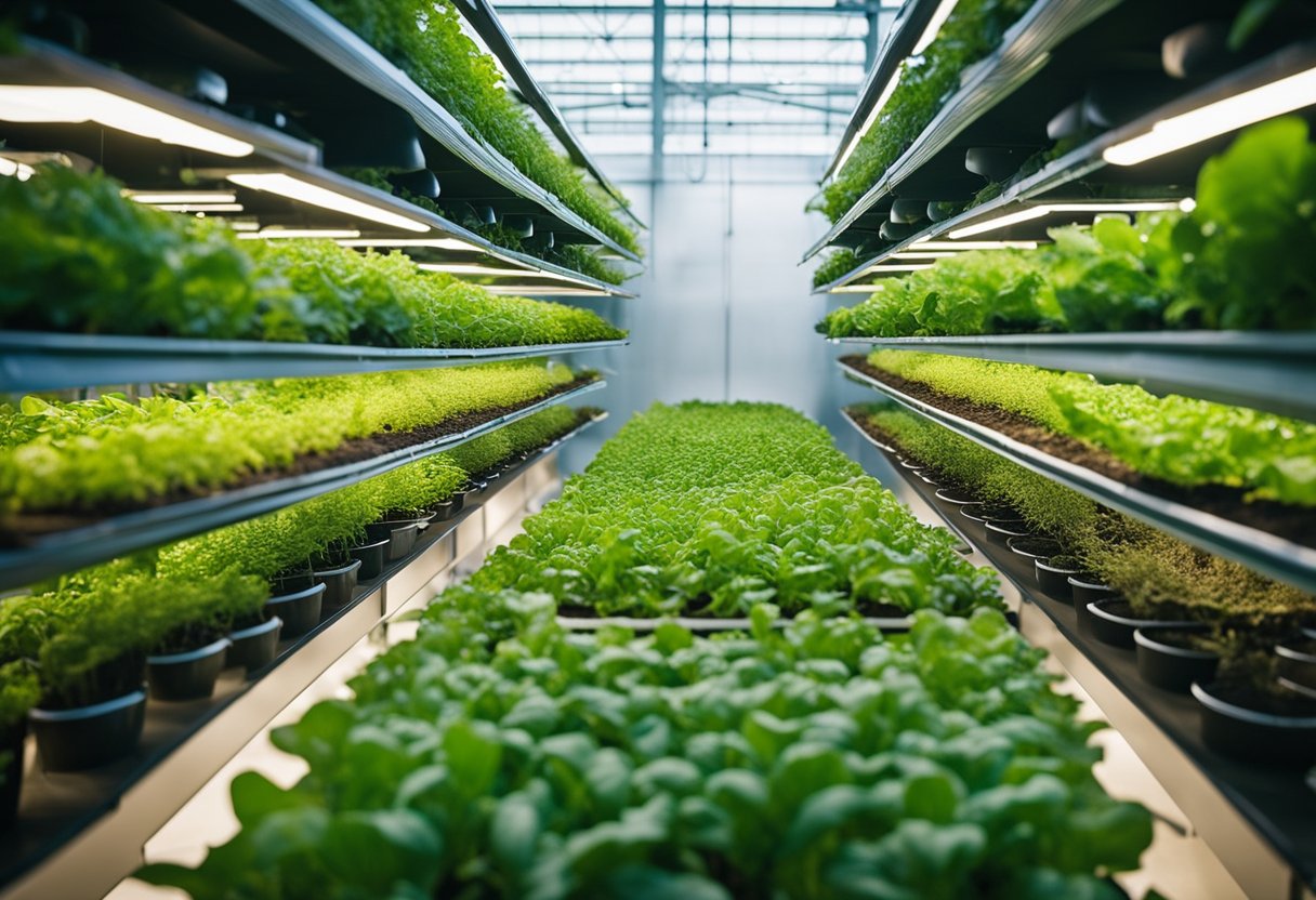 Lush green crops thrive in vertical farm towers, surrounded by advanced technology and sustainable practices. The landscape is a testament to the innovative impact of vertical farming on agriculture in Israel