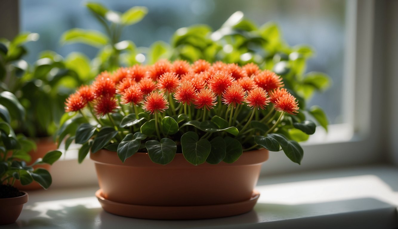 A vibrant Pincushion Peperomia plant sits on a sunny windowsill, surrounded by other lush greenery.

The plant's unique round leaves and red stems stand out, while it thrives in its well-drained potting mix