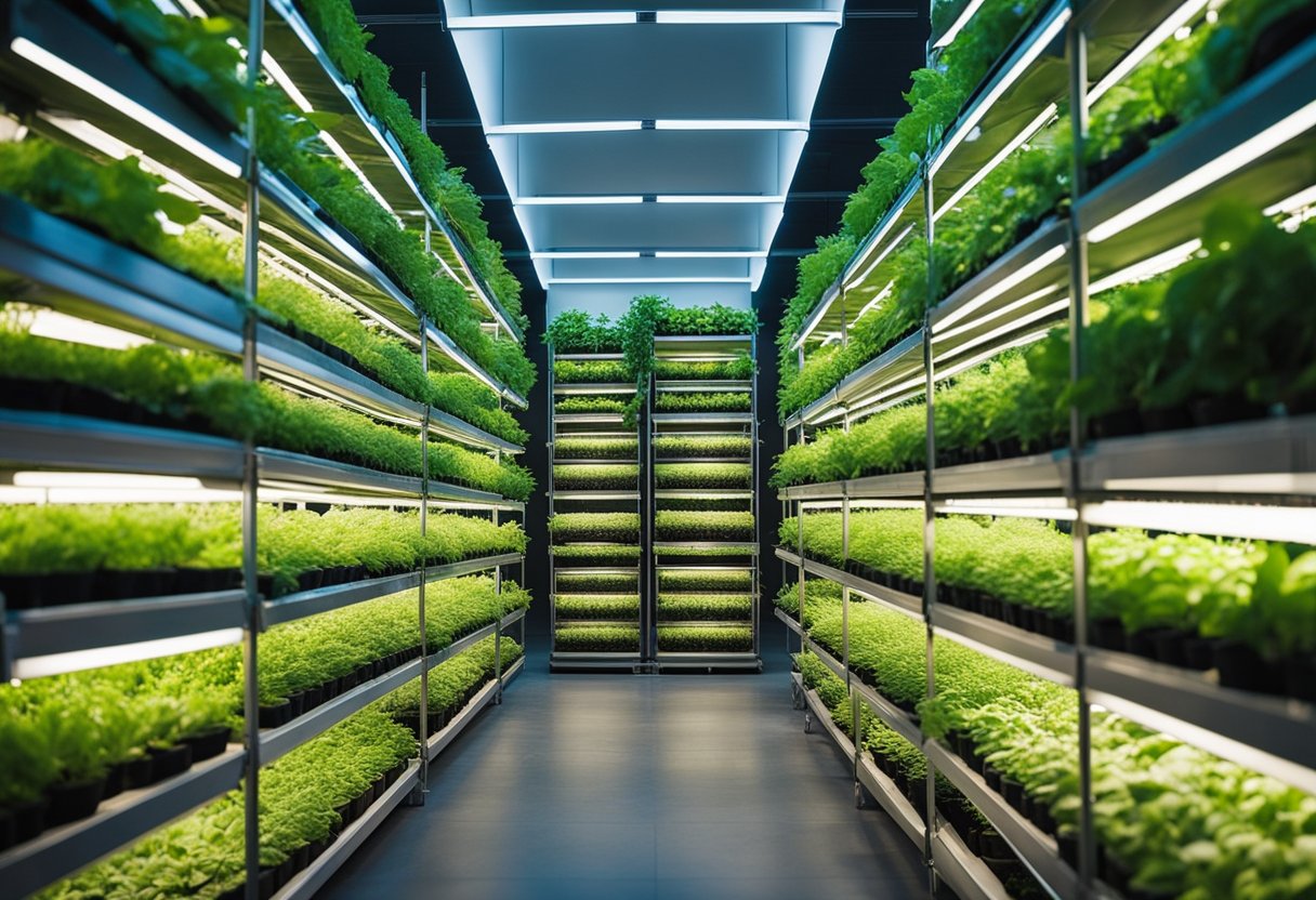 Lush green plants grow in stacked rows inside a high-tech vertical farming facility, with LED lights illuminating the thriving crops
