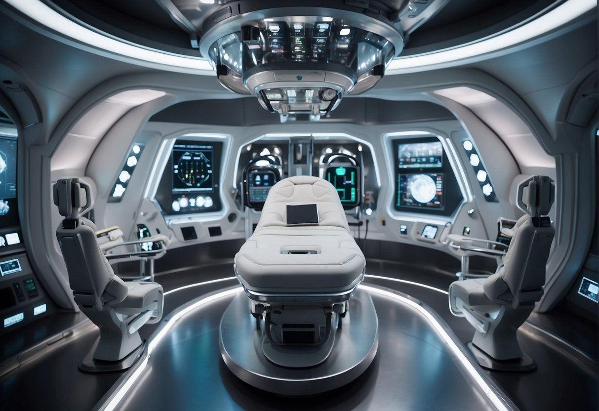 A spaceship interior with a radiation therapy machine surrounded by futuristic technology and equipment. The machine is positioned to treat cancer in zero gravity