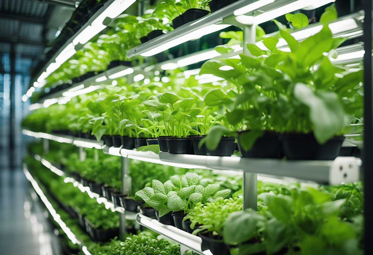Lush green plants grow in stacked layers within a high-tech vertical farming system, bathed in a soft, artificial light. A network of pipes and sensors provides precise irrigation and nutrient delivery, while workers monitor the process from a control room