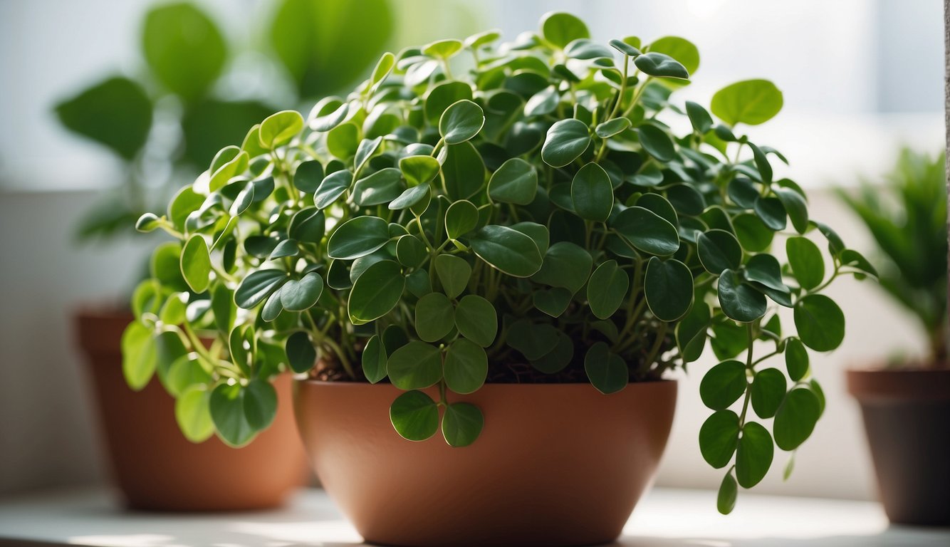 A pincushion peperomia plant with elongated green leaves sits in a bright, well-lit room.

The plant is potted in a small, decorative container and surrounded by other vibrant, healthy plants