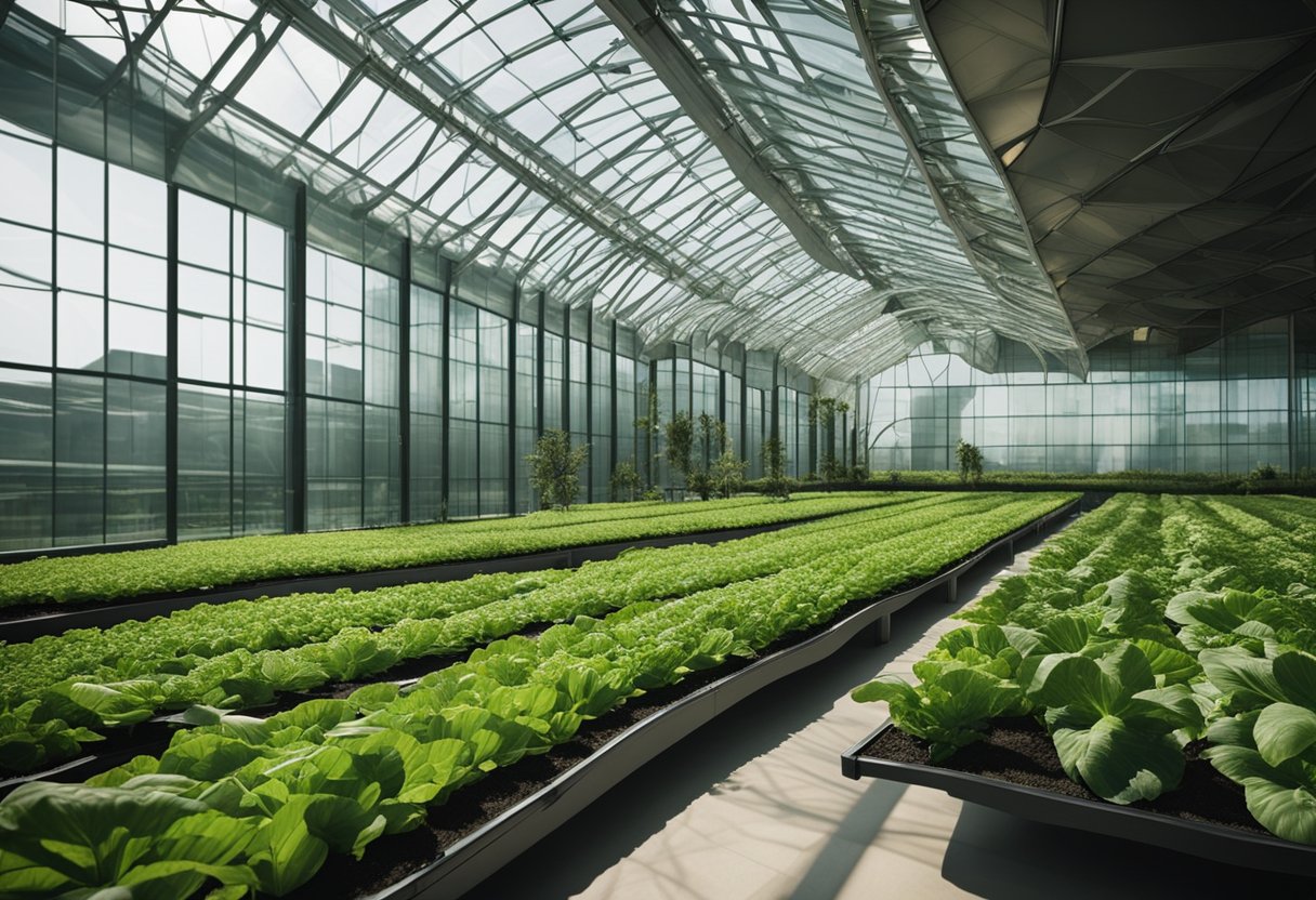 Lush green crops thrive in a tall, futuristic structure amidst a dry, arid landscape. Sunlight filters through the glass walls, while efficient irrigation systems nourish the plants