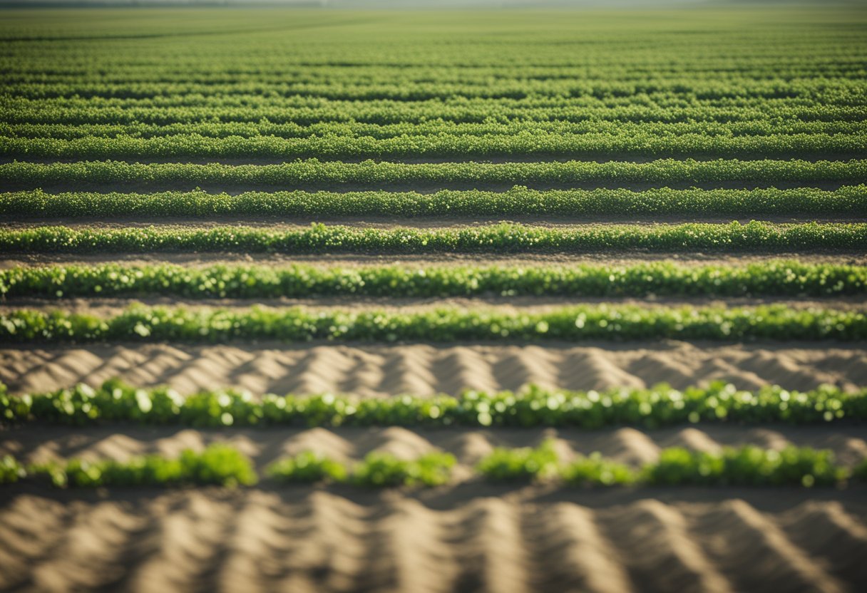 Lush green vertical farms rise against a backdrop of arid land. Crops thrive in controlled environments, showcasing the transformative power of Israeli agriculture