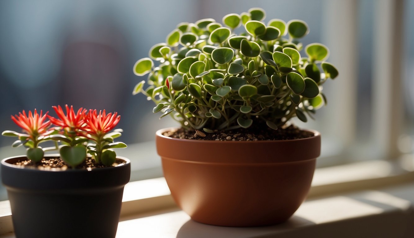 A pincushion peperomia plant sits on a sunny windowsill, surrounded by other potted plants.

Its round, compact leaves and red stems create a striking visual against the backdrop of the room