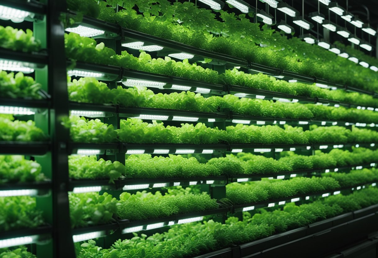 Lush green crops grow in tall, stacked rows under bright LED lights. Workers tend to the plants while automated systems water and monitor their growth