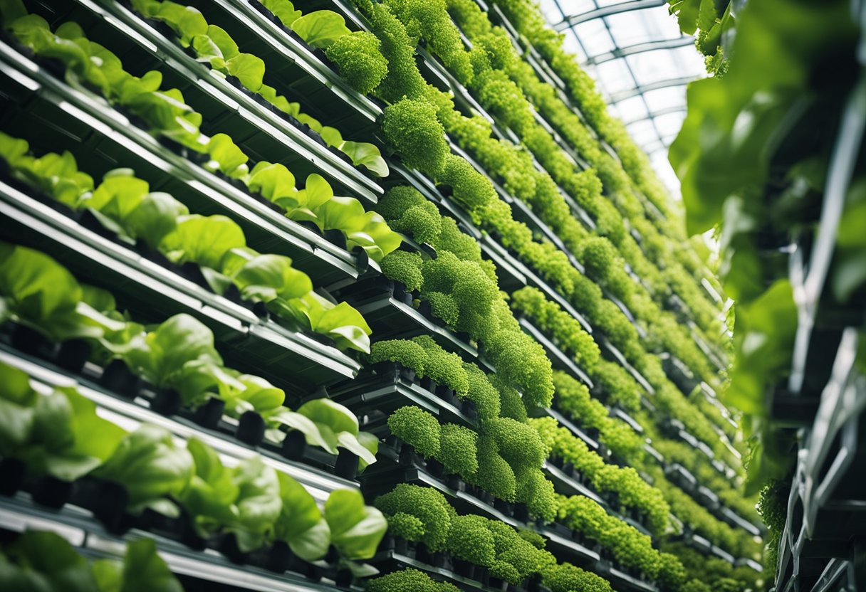 Lush green vertical farms stretch towards the sky, filled with rows of thriving crops. Advanced technology and efficient design transform agriculture in Israel