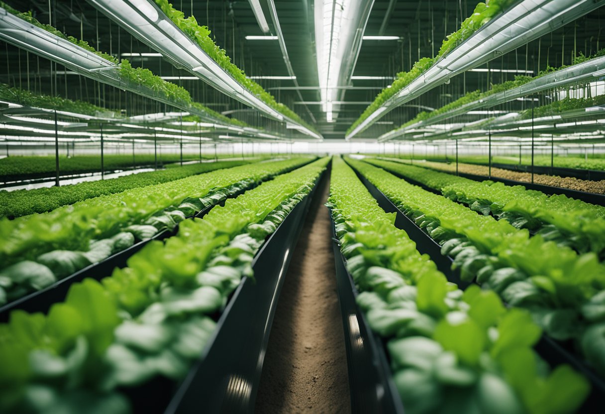 A bustling vertical farm in Israel, with rows of lush green crops reaching towards the sky. Advanced technology and innovative techniques are evident in the efficient and sustainable farming practices