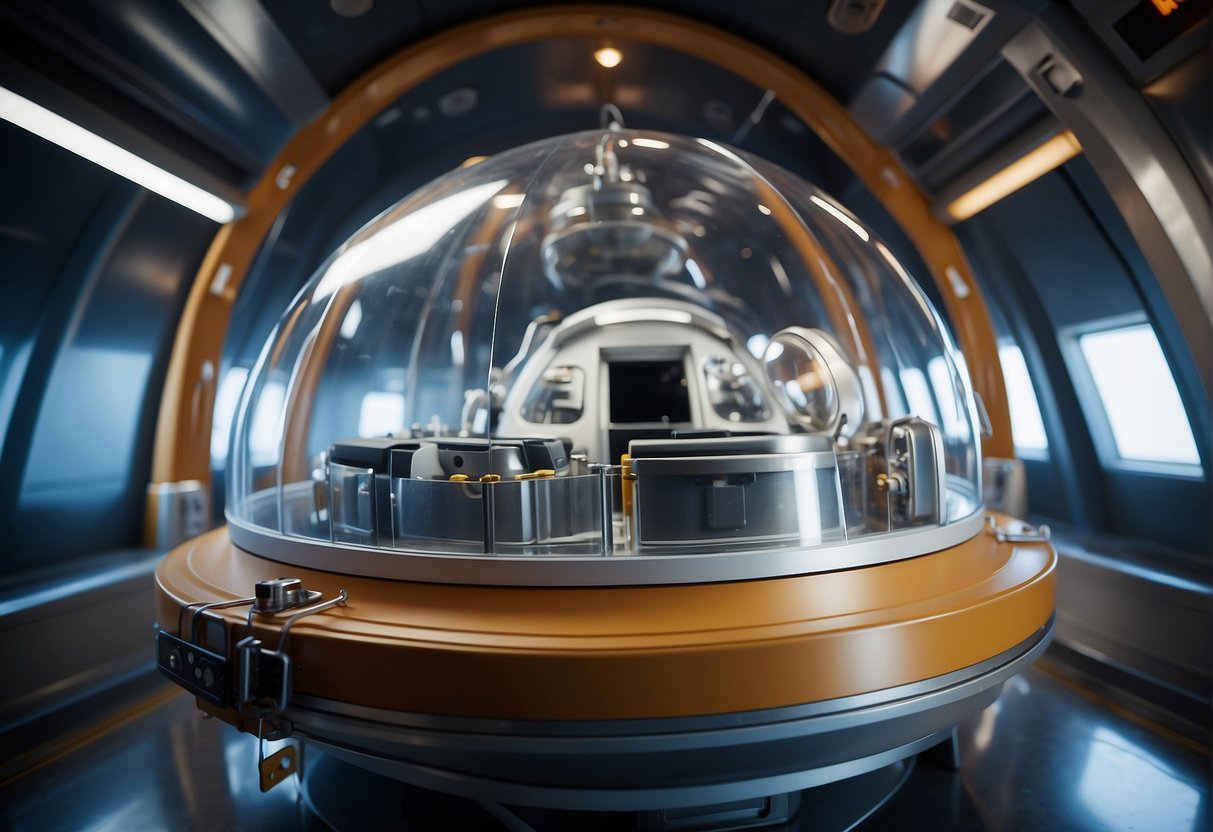 A space capsule with radiation therapy equipment floats in zero gravity. A protective shield surrounds the equipment, with advanced technology visible inside