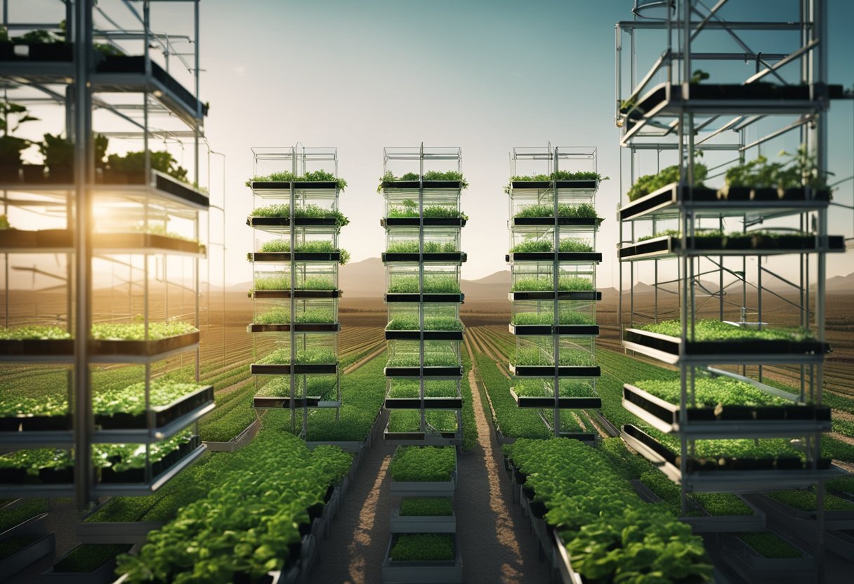 Lush green vertical farm towers reach towards the sky, surrounded by arid desert. Advanced irrigation systems and LED lighting create a futuristic agricultural oasis