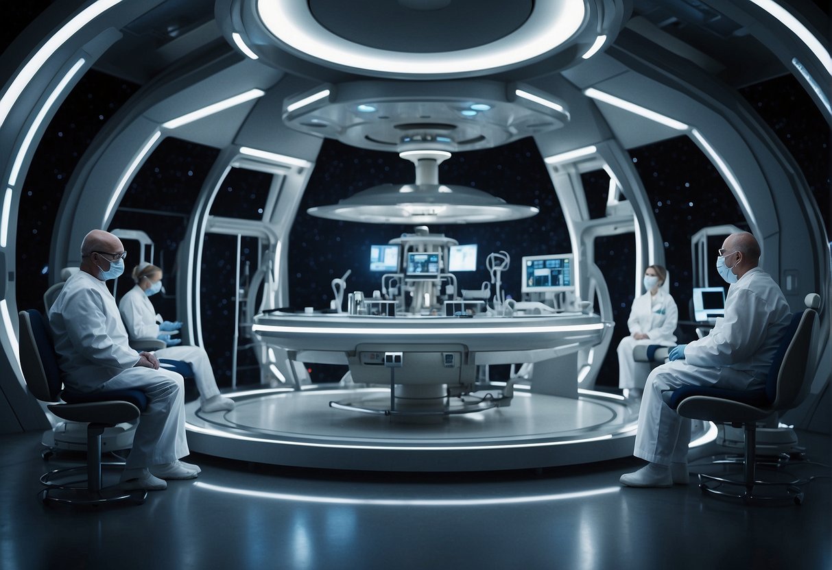 A futuristic space station with advanced radiation therapy equipment and a team of medical professionals working to treat cancer among the stars