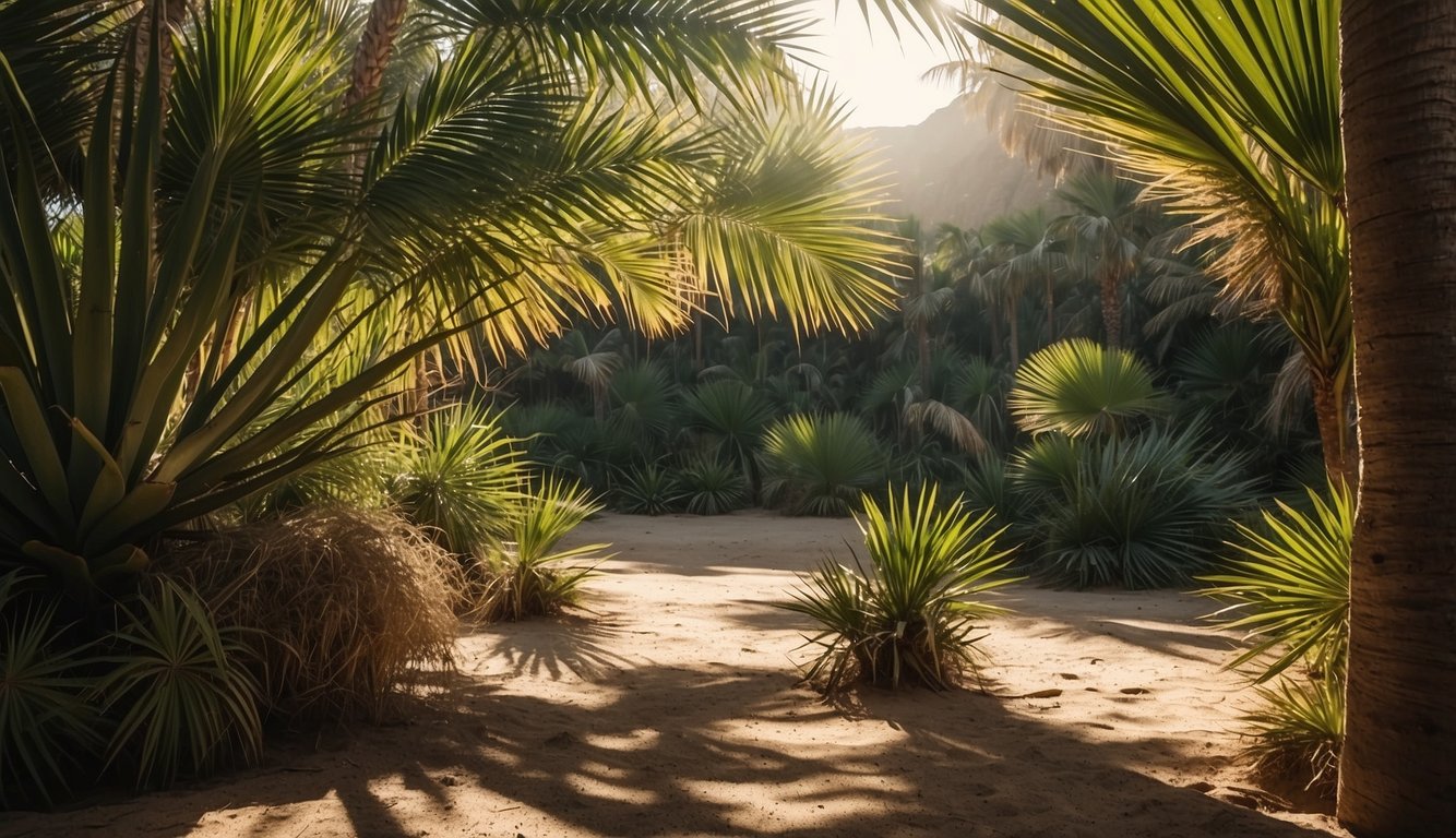 A lush oasis of fan palms, with sunlight filtering through the leaves, creating dappled shadows on the ground.

Sand and rocks surround the oasis, adding to the serene and natural atmosphere