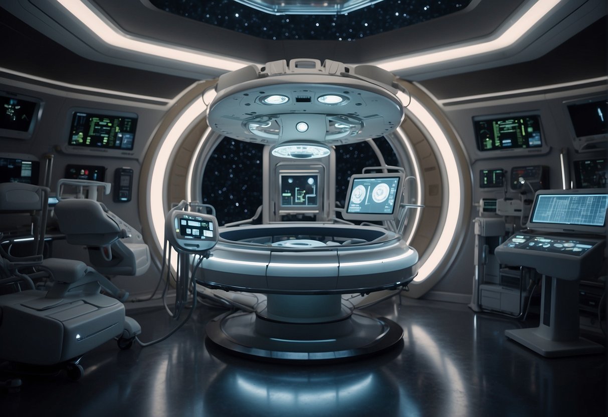 A space station with advanced medical equipment, surrounded by stars and planets. A radiation therapy machine is in use, treating cancer in a futuristic setting