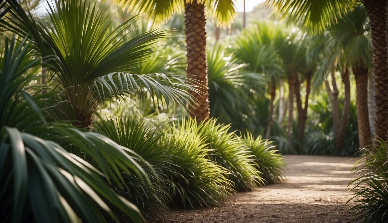 A tranquil oasis of Chamaerops Humilis fan palms, nestled in a lush garden setting, creating a serene and inviting atmosphere