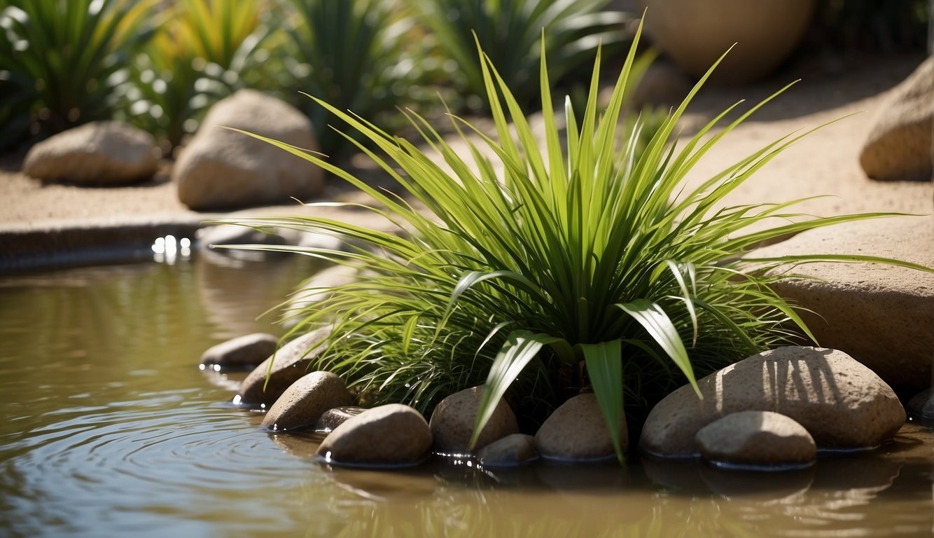 A sunlit oasis of Chamaerops Humilis, with lush green foliage and sandy soil, surrounded by decorative rocks and a peaceful water feature