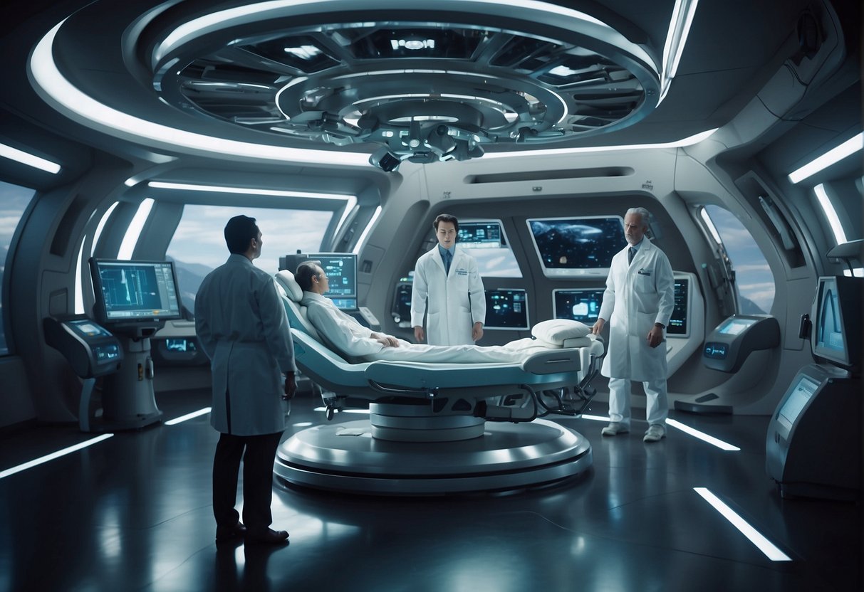 A futuristic space station with advanced medical equipment and a team of healthcare professionals providing radiation therapy to a patient in a zero-gravity environment