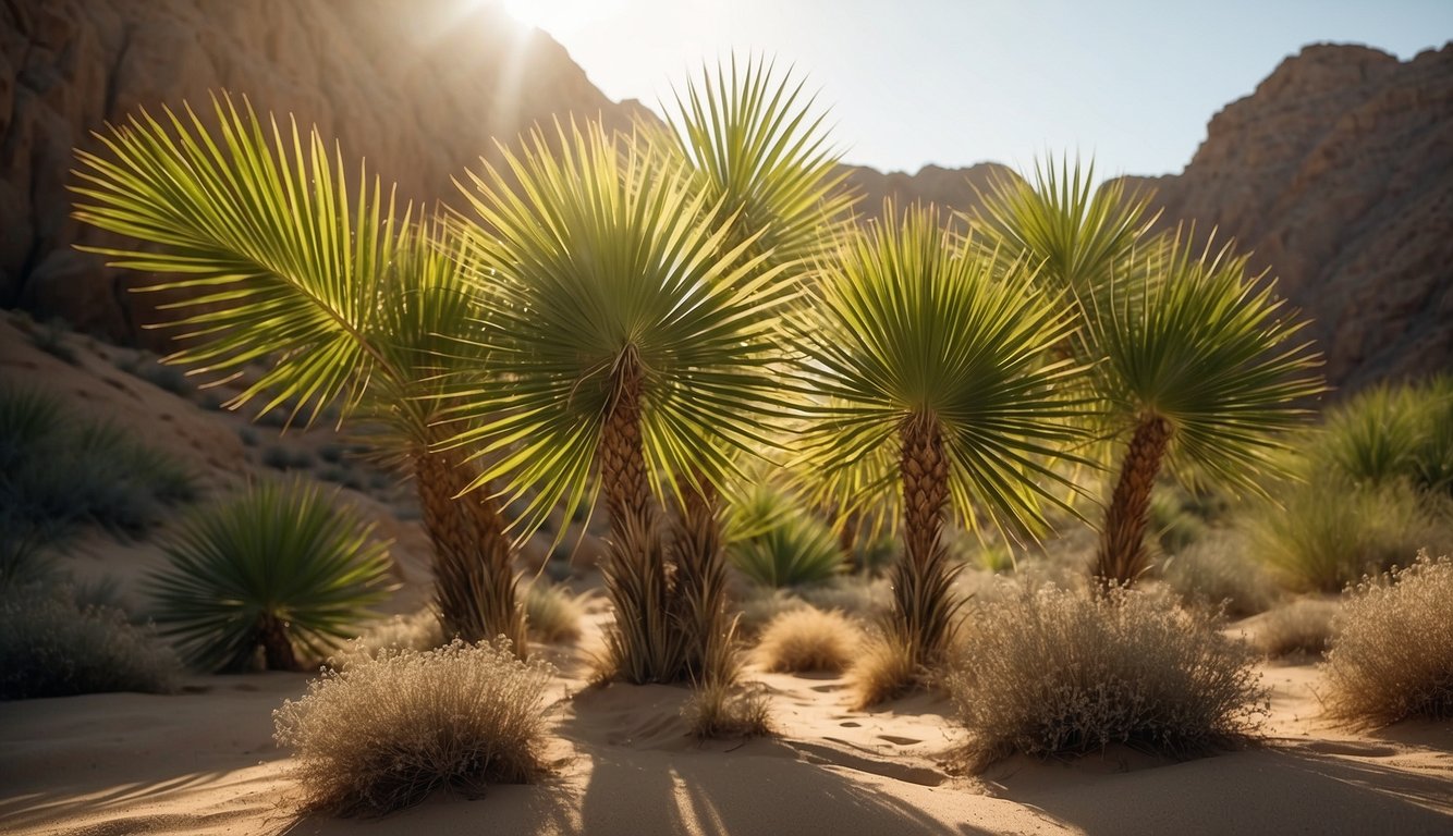 A lush oasis of Chamaerops humilis fan palms, surrounded by desert sand and rocks, with sunlight streaming through the leaves