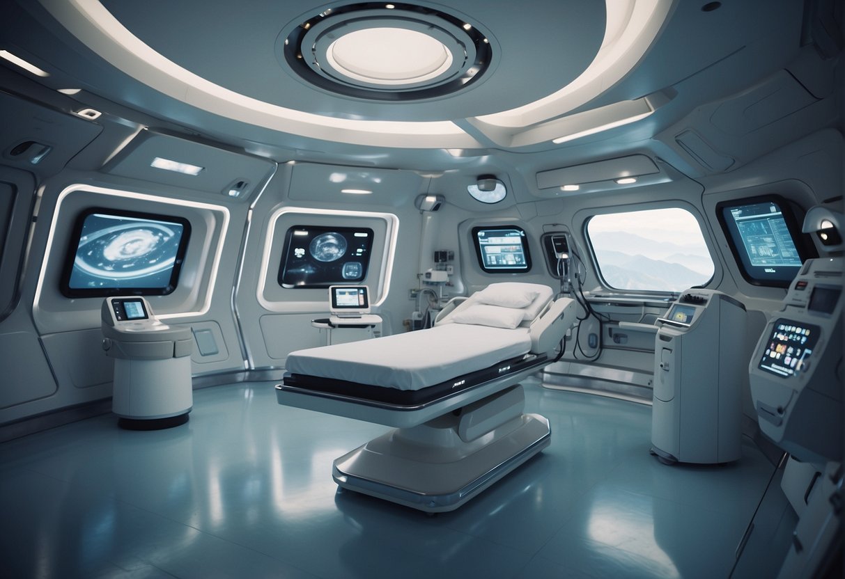 A space station with advanced medical equipment, a robotic arm administering radiation therapy to a futuristic-looking cancer treatment pod