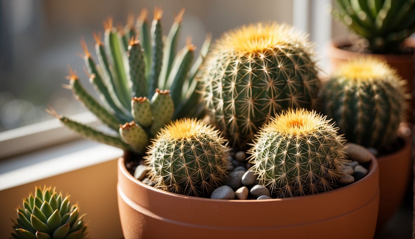 A golden barrel cactus sits in a terracotta pot on a sunny windowsill.

Surrounding it are small rocks and a few succulents. The cactus is healthy and thriving, with its round, spiky form standing out against