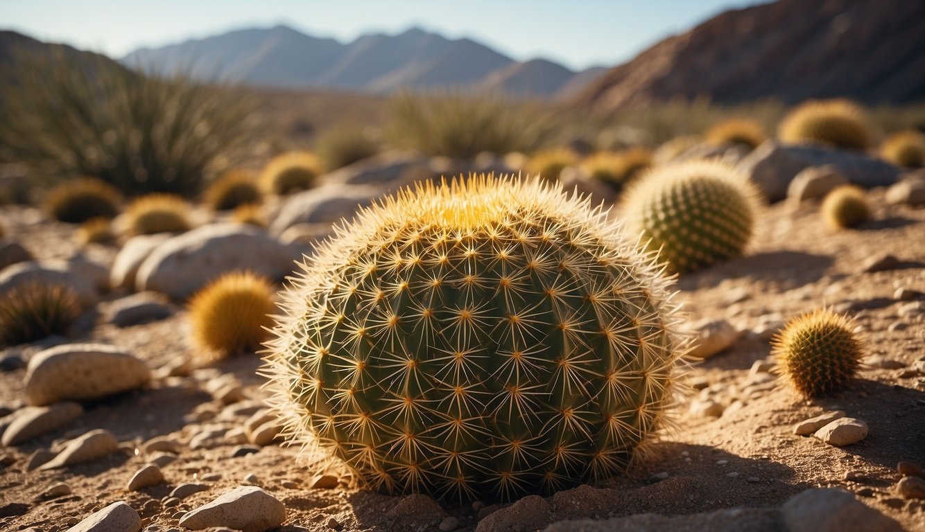 A golden barrel cactus sits in a well-drained pot under bright sunlight, surrounded by sandy soil and rocks.

It is watered sparingly and protected from frost in a warm, dry climate