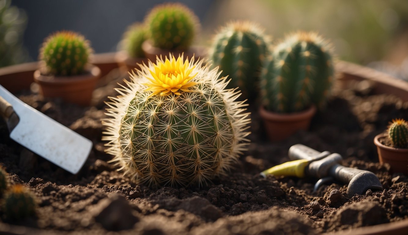 Golden barrel cactus being repotted into fresh soil, surrounded by gardening tools and care instructions