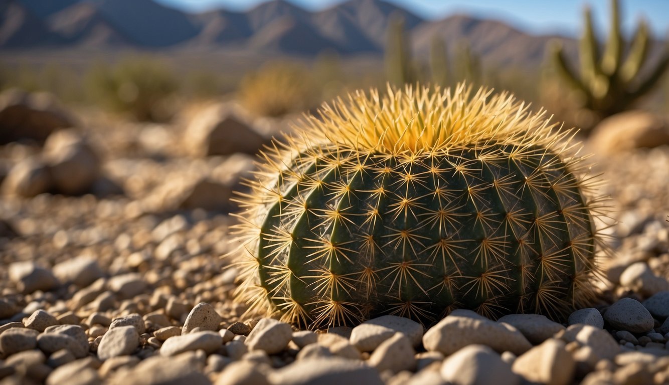 A golden barrel cactus sits in well-draining soil under bright sunlight.

A small layer of gravel surrounds the base, preventing moisture buildup. A watering can and pruning shears are nearby, ready for maintenance