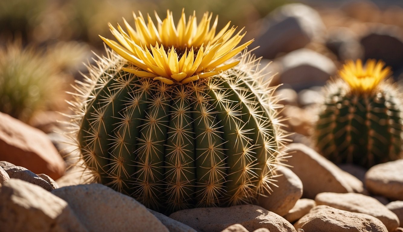 A golden barrel cactus sits in a terracotta pot, surrounded by small rocks and placed in a sunny, arid environment.

The cactus is healthy and vibrant, with its spines glistening in the sunlight