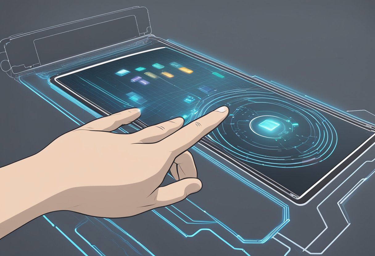 Fingers approach the touch screen. Electrical charge detects touch, activating the screen. Display responds to input with smooth, accurate movements