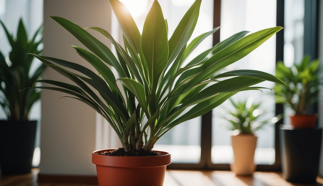 A vibrant Dracaena Marginata stands tall, with deep green leaves edged in striking red.

The plant thrives in a well-lit room, adding a touch of natural beauty to the space