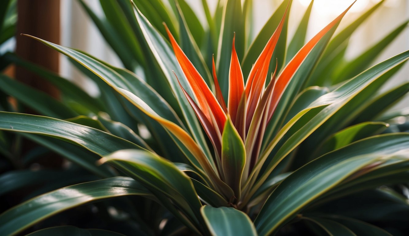 A healthy Dracaena Marginata plant with vibrant red edges, surrounded by lush green foliage, basking in the natural sunlight