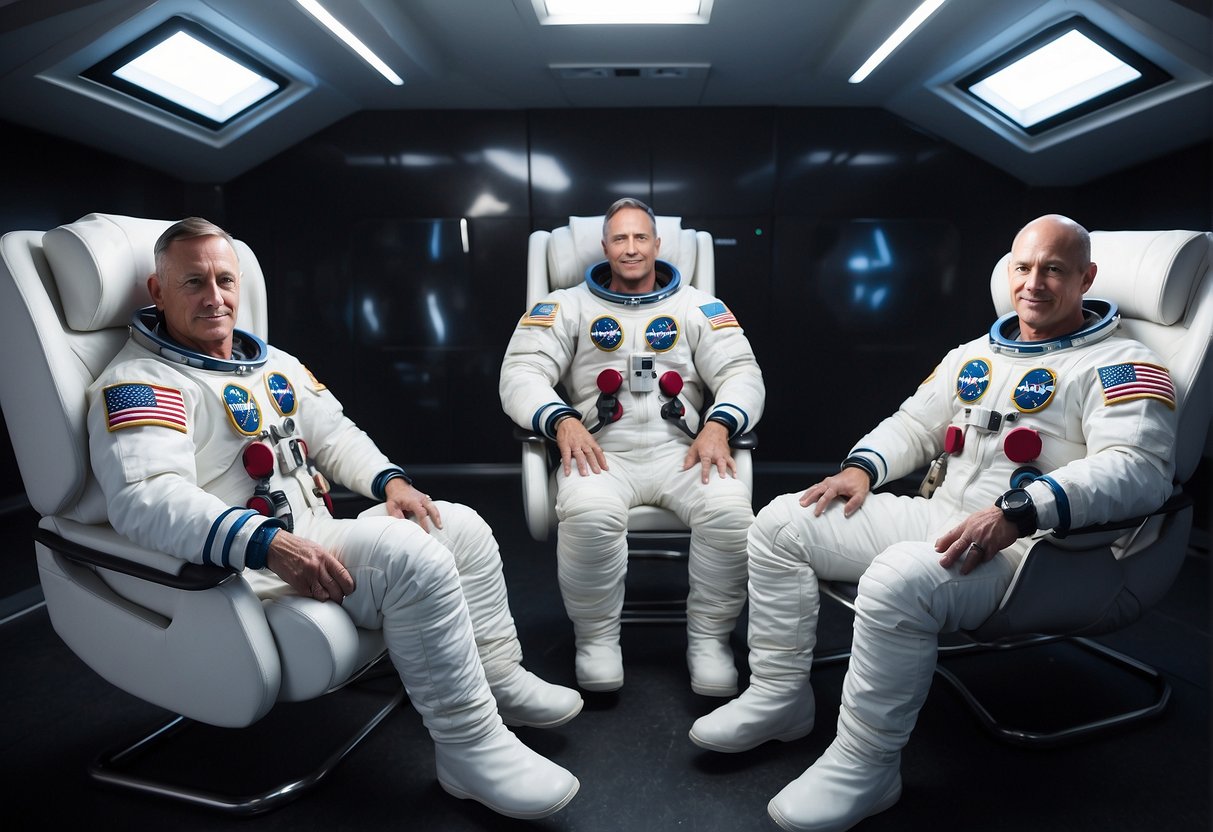 Astronauts float comfortably in zero-gravity chairs, their bodies fully supported. The chairs are designed to promote proper posture and reduce strain on the spine