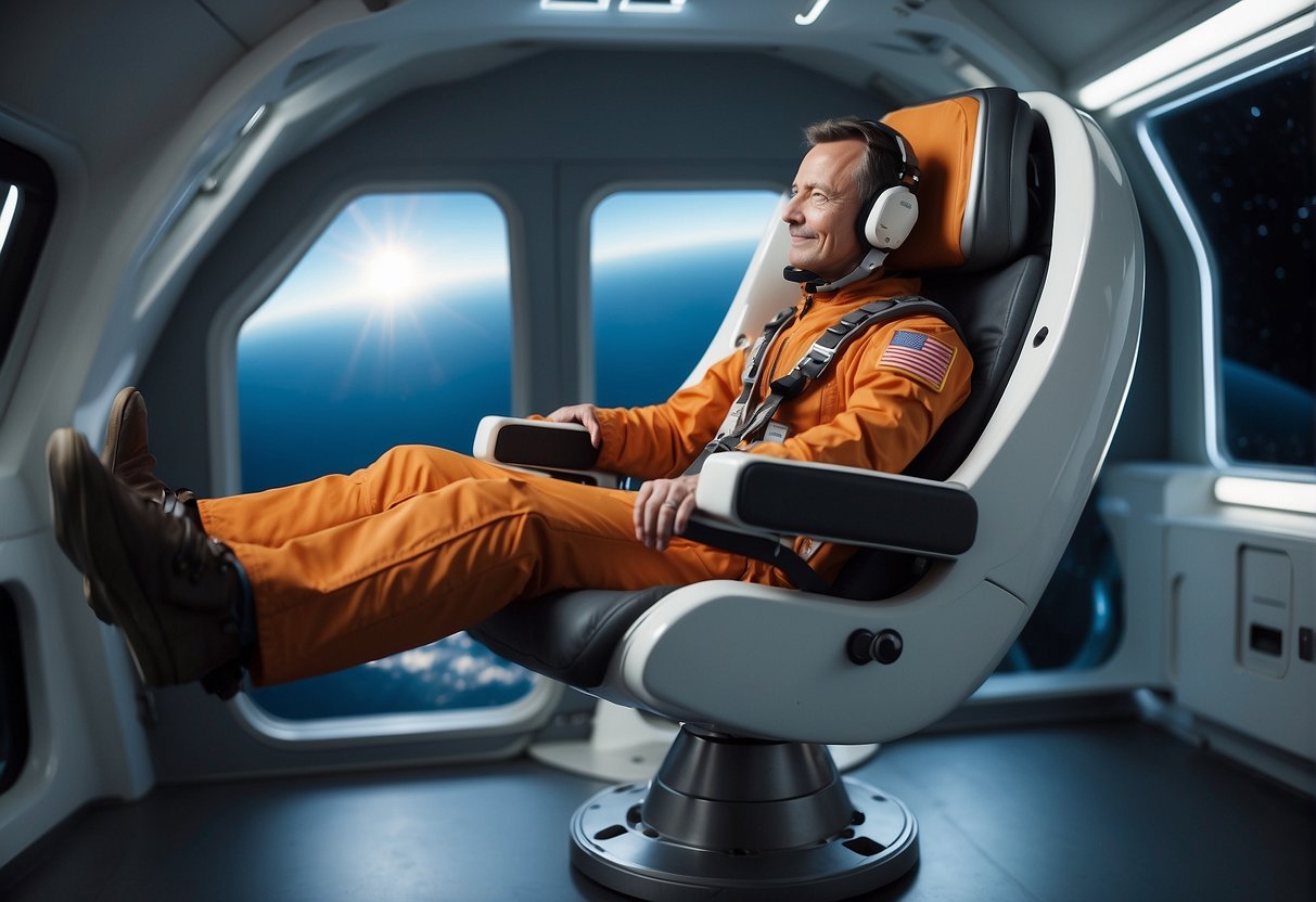 A zero-gravity chair floats in a spaceship, equipped with ergonomic features for astronaut comfort and impact on their bodies in weightlessness